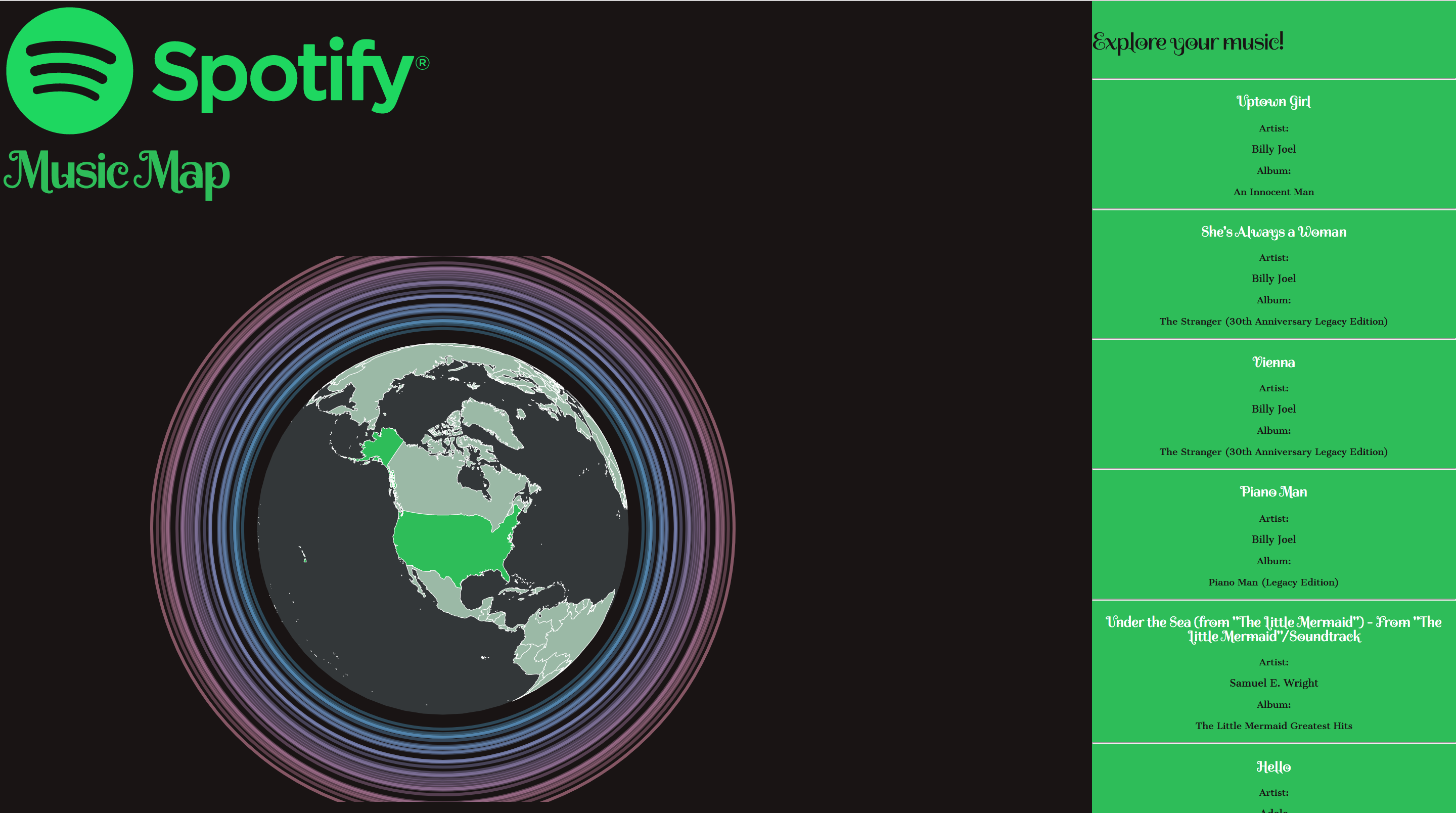 Screenshot of the MusicMap web app highlighting songs across a globe
